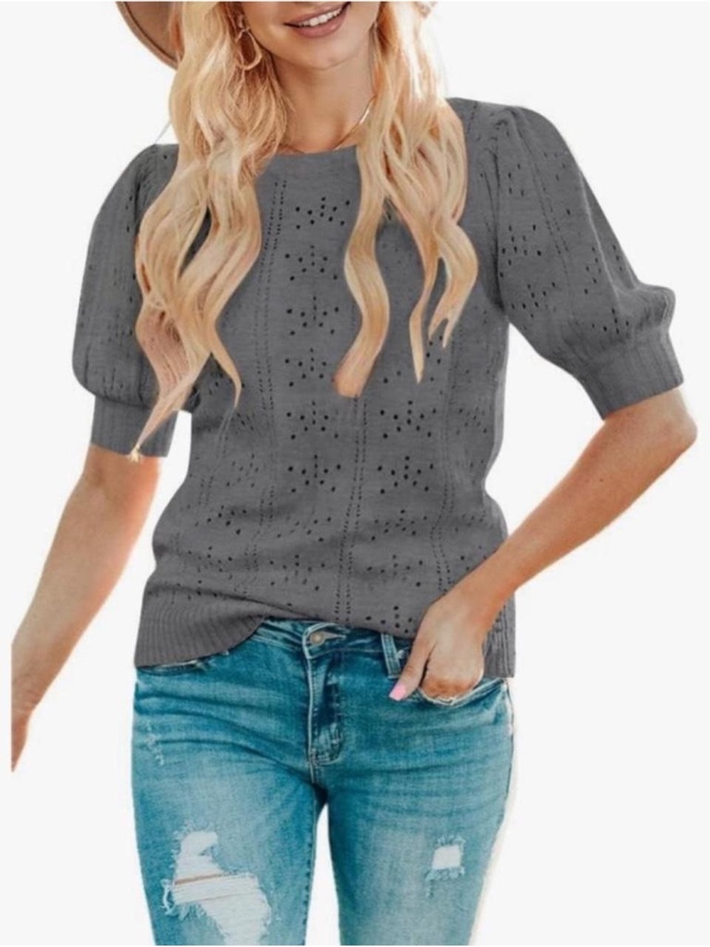 Women’s Gray Eyelet Knit Scoop Neck Sweater